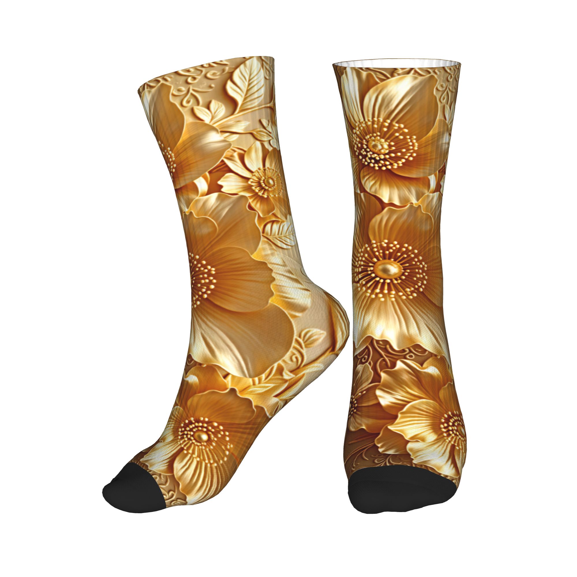 Dress Sock Men - 3D reliëf gouden bloemen naadloze print